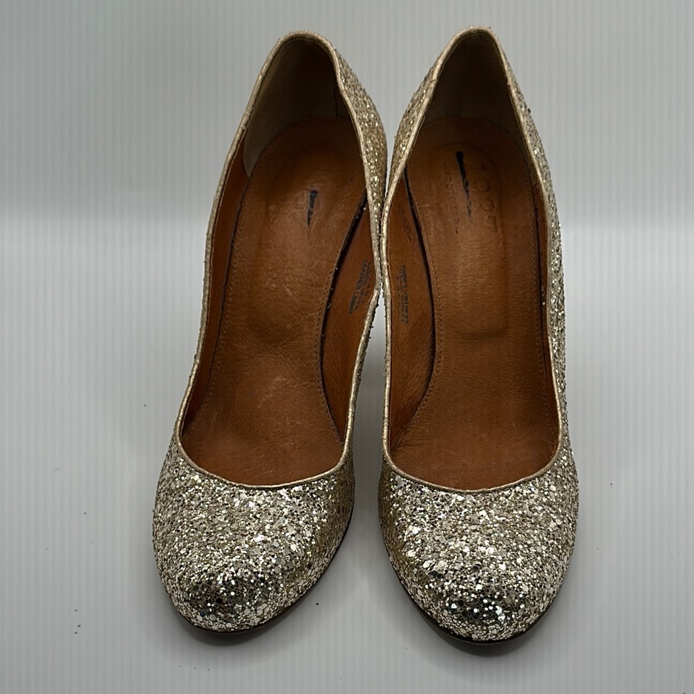 1937 Footwear Sz 9 Sparkling Gold Glitter Block Heels with Rounded Toe Italy - Picture 11 of 11